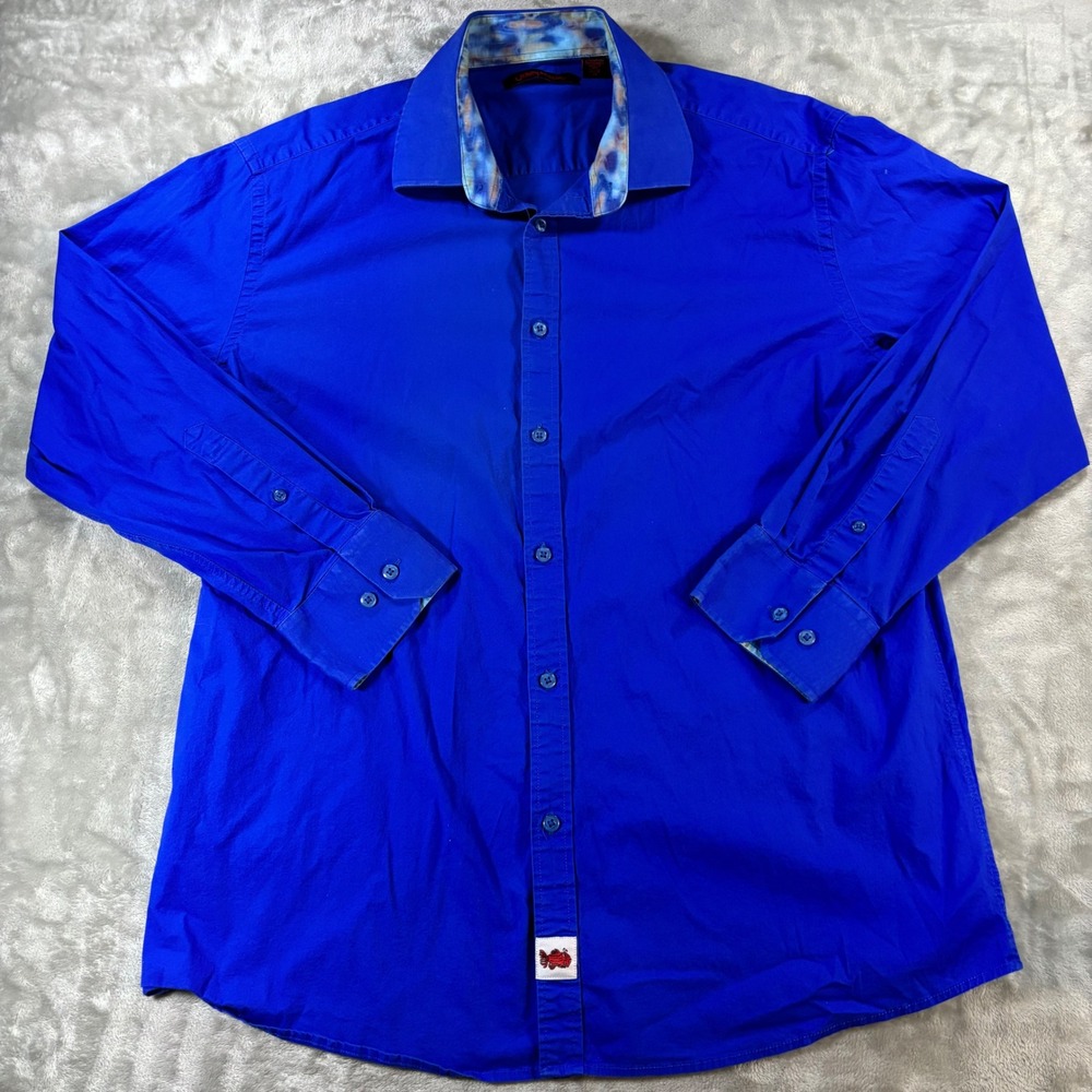 Jerry Garcia Mens XL Royal Blue Button Down Shirt Tie Dye Trim Fish Patch Cotton